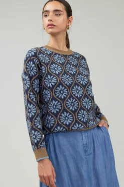 Current Air Knitwear | Long Sleeve Tops-Geo Floral Pullover Sweater BLUEMLT