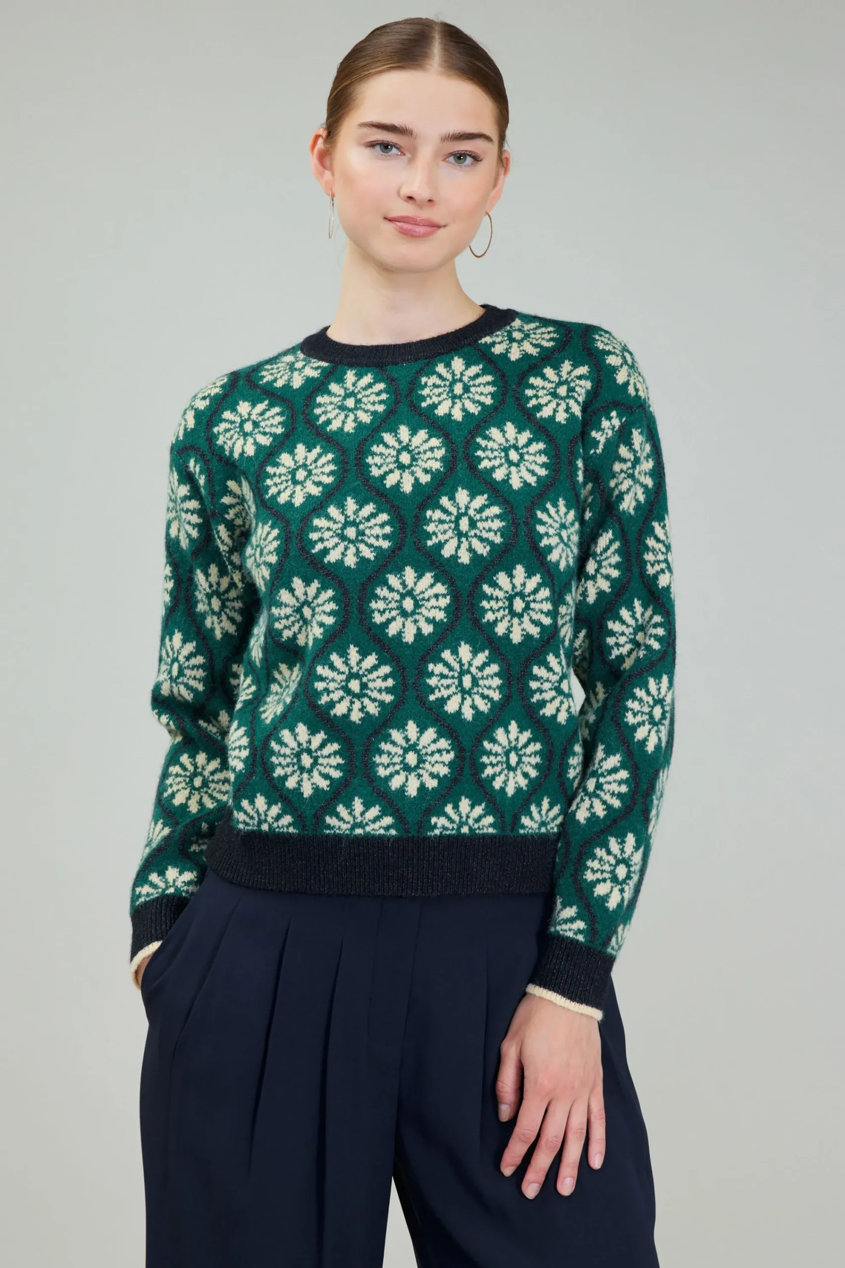 Current Air Knitwear | Long Sleeve Tops-Geo Floral Pullover Sweater GREENMLT