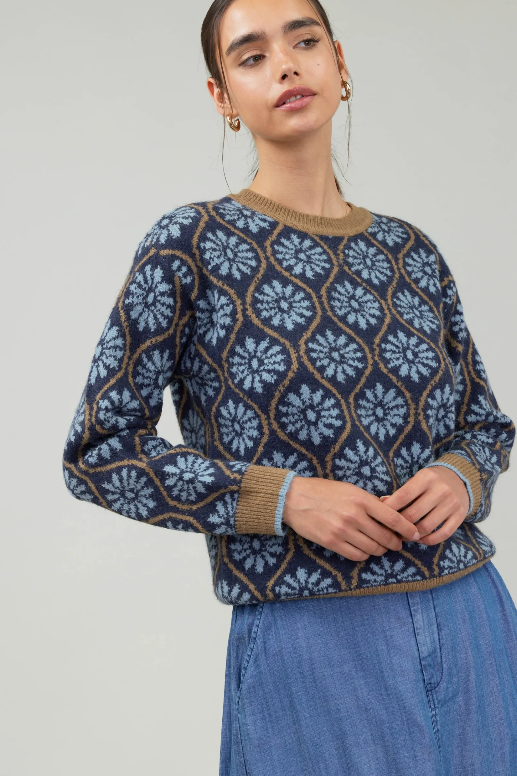 Current Air Knitwear | Long Sleeve Tops-Geo Floral Pullover Sweater BLUEMLT