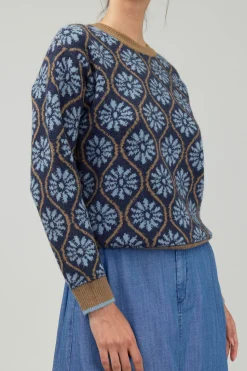 Current Air Knitwear | Long Sleeve Tops-Geo Floral Pullover Sweater BLUEMLT