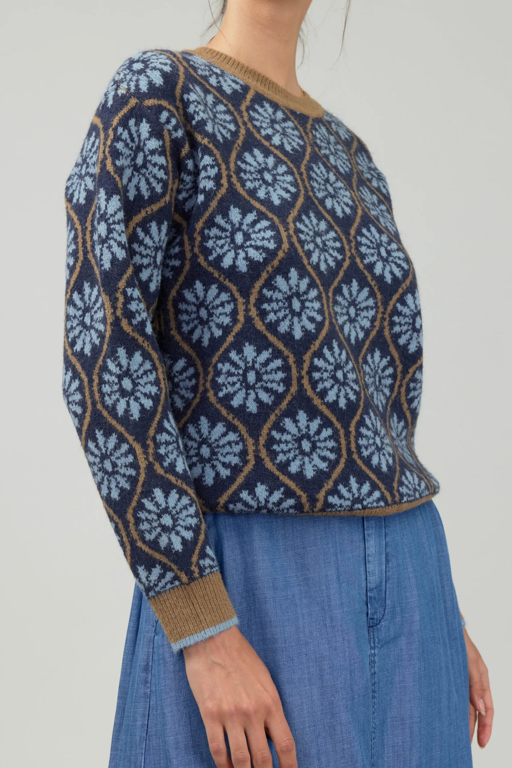 Current Air Knitwear | Long Sleeve Tops-Geo Floral Pullover Sweater BLUEMLT