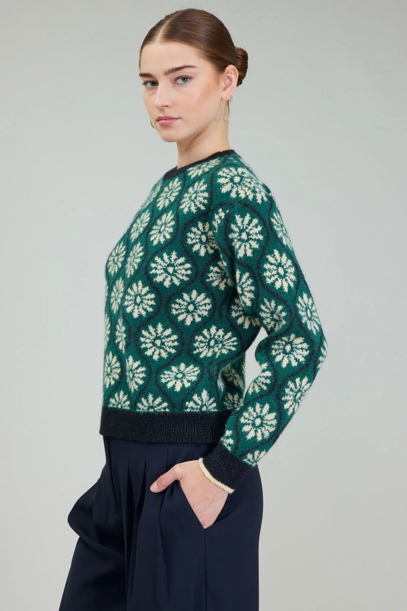 Current Air Knitwear | Long Sleeve Tops-Geo Floral Pullover Sweater GREENMLT