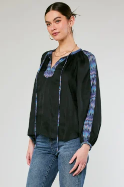 Current Air Long Sleeve Tops-Geometric Patterned Blouse BLACK