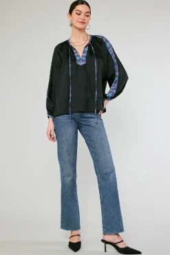 Current Air Long Sleeve Tops-Geometric Patterned Blouse BLACK