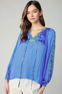 Current Air Long Sleeve Tops-Geometric Patterned Blouse BLUE
