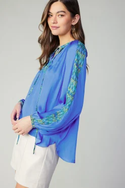 Current Air Long Sleeve Tops-Geometric Patterned Blouse BLUE