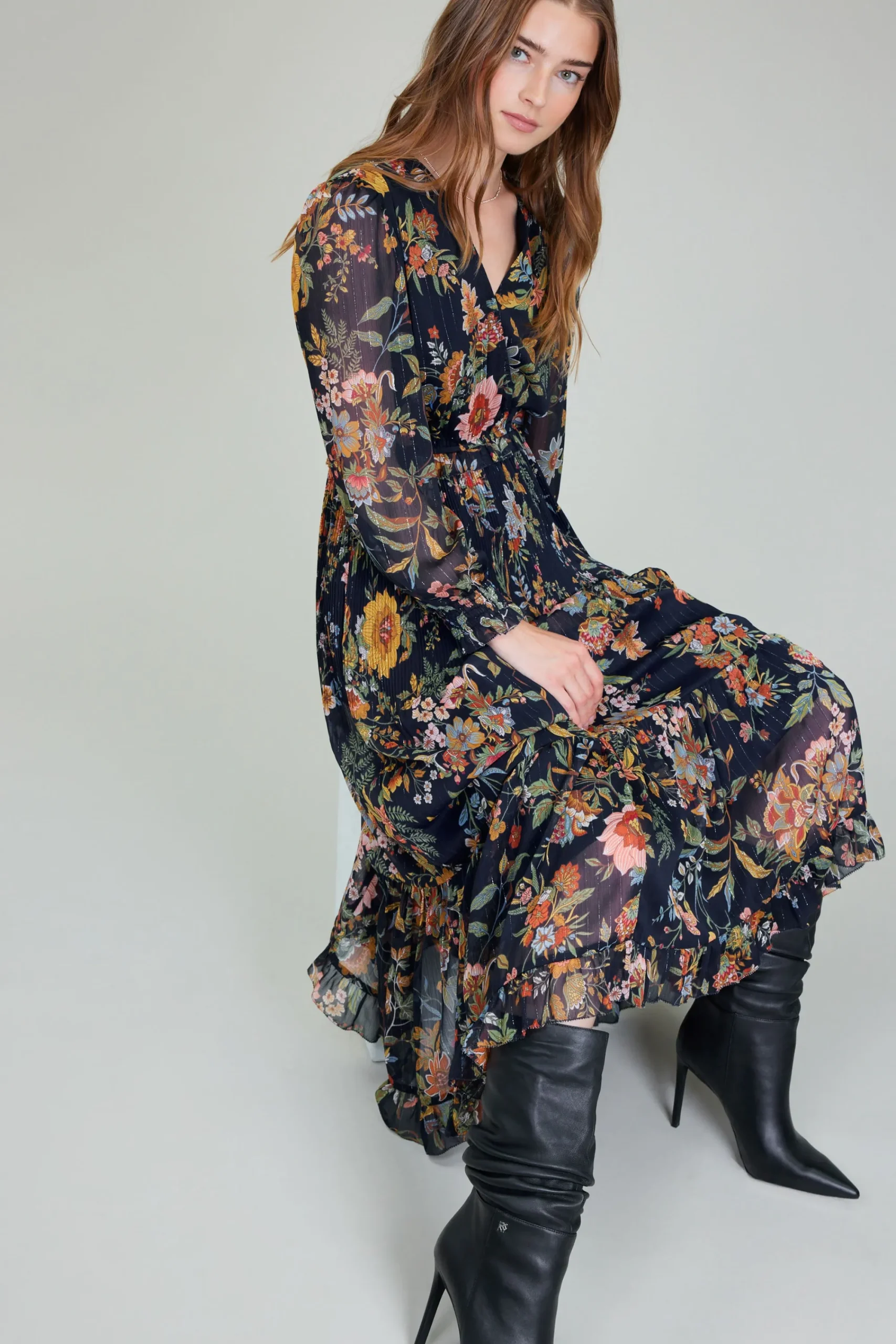 Current Air Maxi Dresses-Glimmer Botanical Maxi Dress NAVYMLT