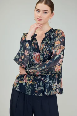 Current Air Long Sleeve Tops-Glimmer Botanical Pleated Blouse NAVYMLT
