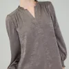 Current Air Long Sleeve Tops-Glimmer Smocked Cuff Blouse DARKOLIVE