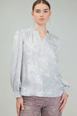 Current Air Long Sleeve Tops-Glimmer Smocked Cuff Blouse OYSTER