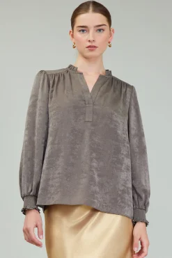 Current Air Long Sleeve Tops-Glimmer Smocked Cuff Blouse DARKOLIVE