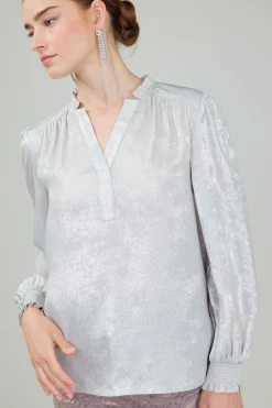Current Air Long Sleeve Tops-Glimmer Smocked Cuff Blouse OYSTER