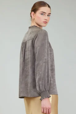 Current Air Long Sleeve Tops-Glimmer Smocked Cuff Blouse DARKOLIVE