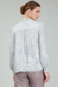 Current Air Long Sleeve Tops-Glimmer Smocked Cuff Blouse OYSTER