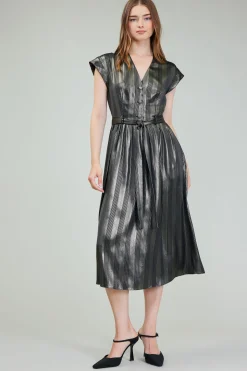 Current Air Midi Dresses-Glimmer Striped Midi Dress BLACKGOLD