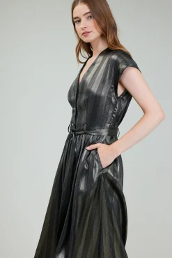Current Air Midi Dresses-Glimmer Striped Midi Dress BLACKGOLD