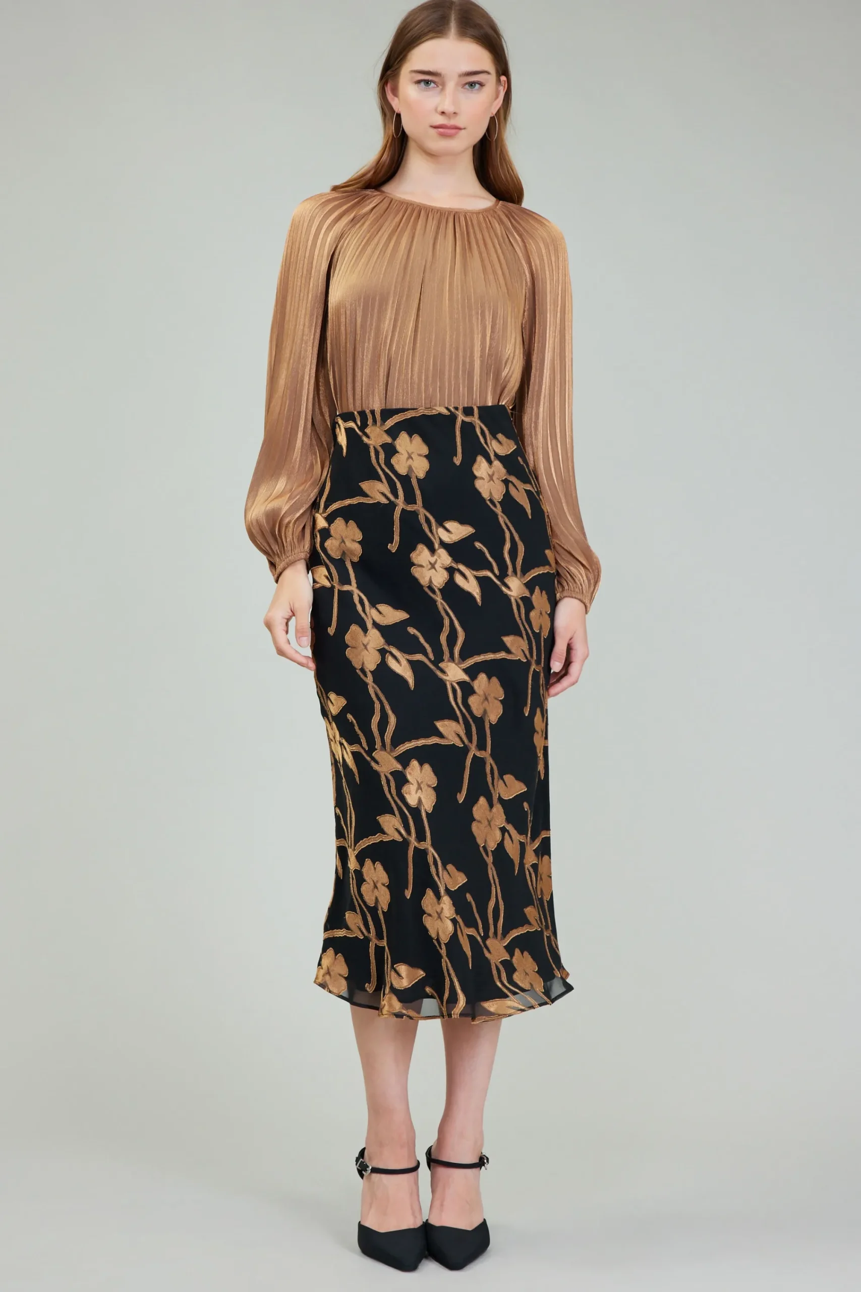Current Air Skirts-Gold Floral Midi Skirt BLACKGOLD