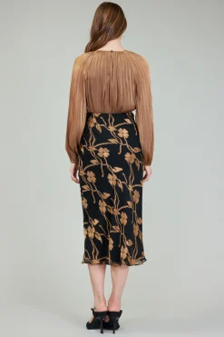 Current Air Skirts-Gold Floral Midi Skirt BLACKGOLD