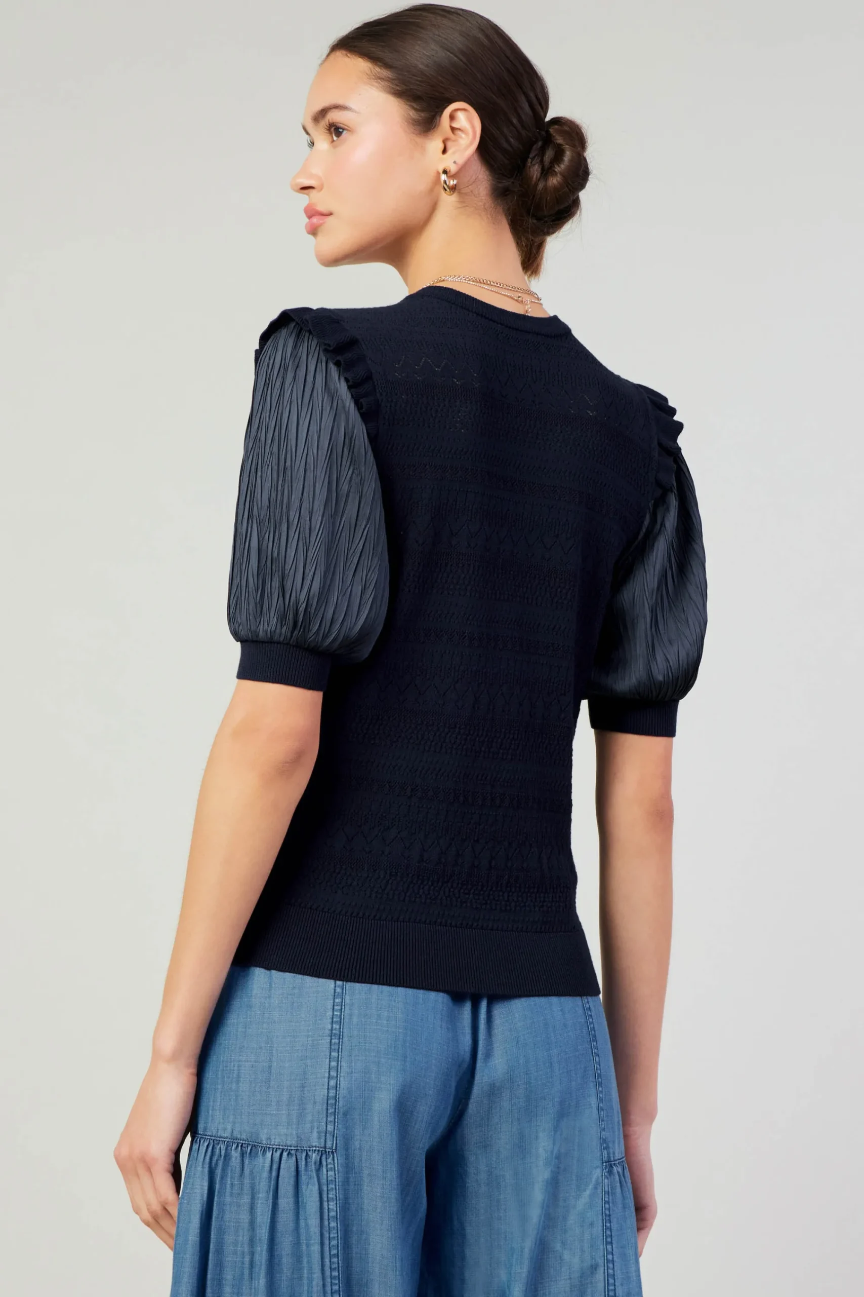 Current Air Knitwear | Short Sleeve Tops-Half Sleeve Contrast Top NAVY