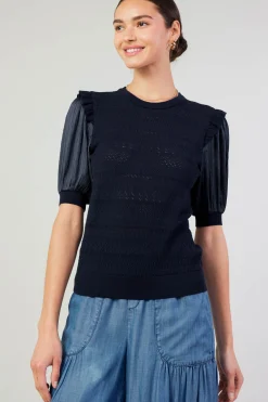 Current Air Knitwear | Short Sleeve Tops-Half Sleeve Contrast Top NAVY