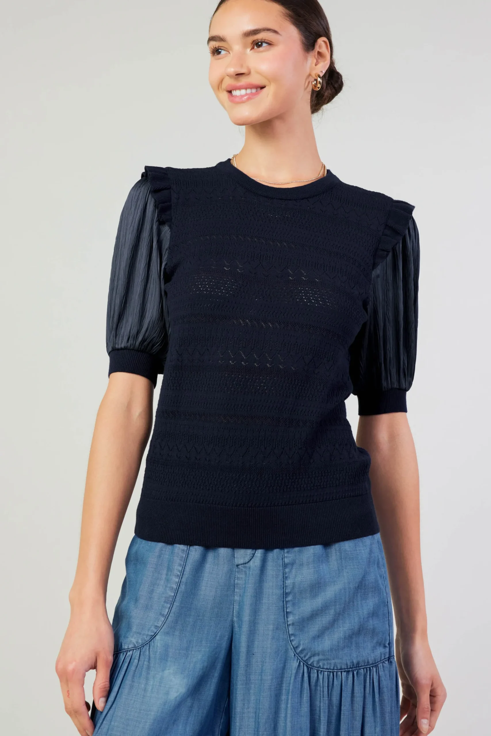 Current Air Knitwear | Short Sleeve Tops-Half Sleeve Contrast Top NAVY