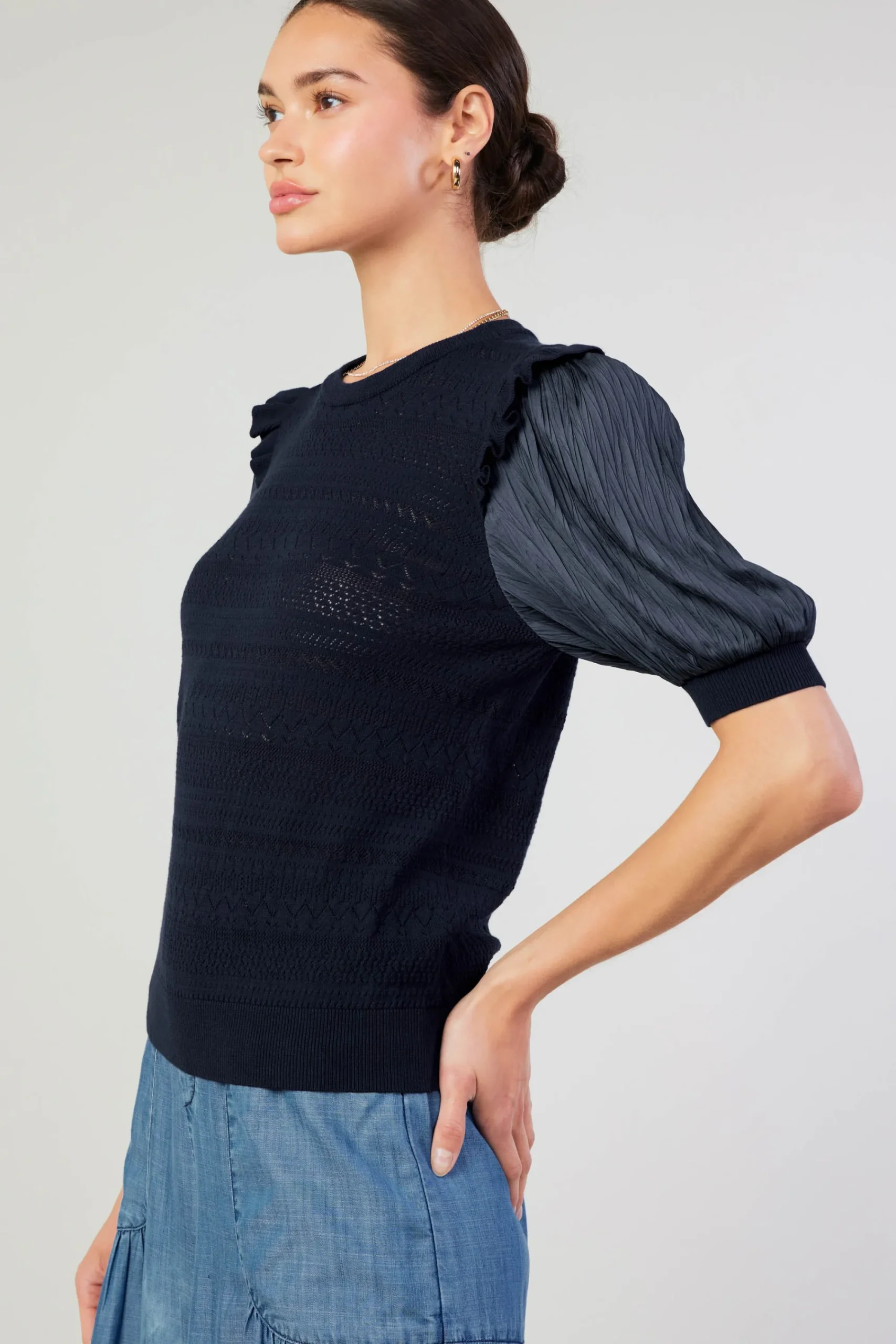 Current Air Knitwear | Short Sleeve Tops-Half Sleeve Contrast Top NAVY