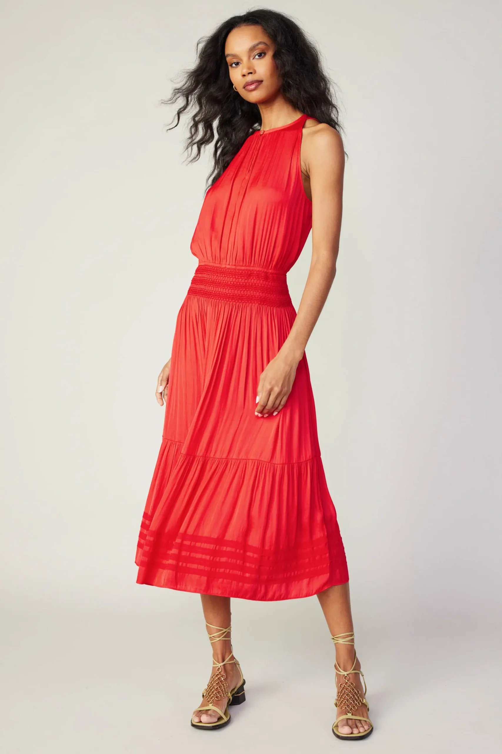 Current Air Midi Dresses-Halter Smocked Midi Dress RED
