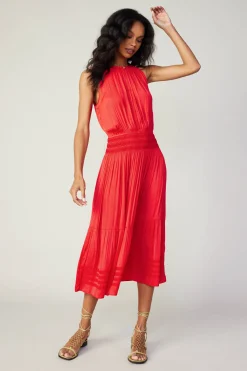 Current Air Midi Dresses-Halter Smocked Midi Dress RED