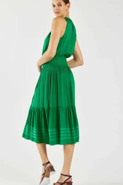 Current Air Midi Dresses-Halter Smocked Midi Dress DEEPSPRINGGREEN