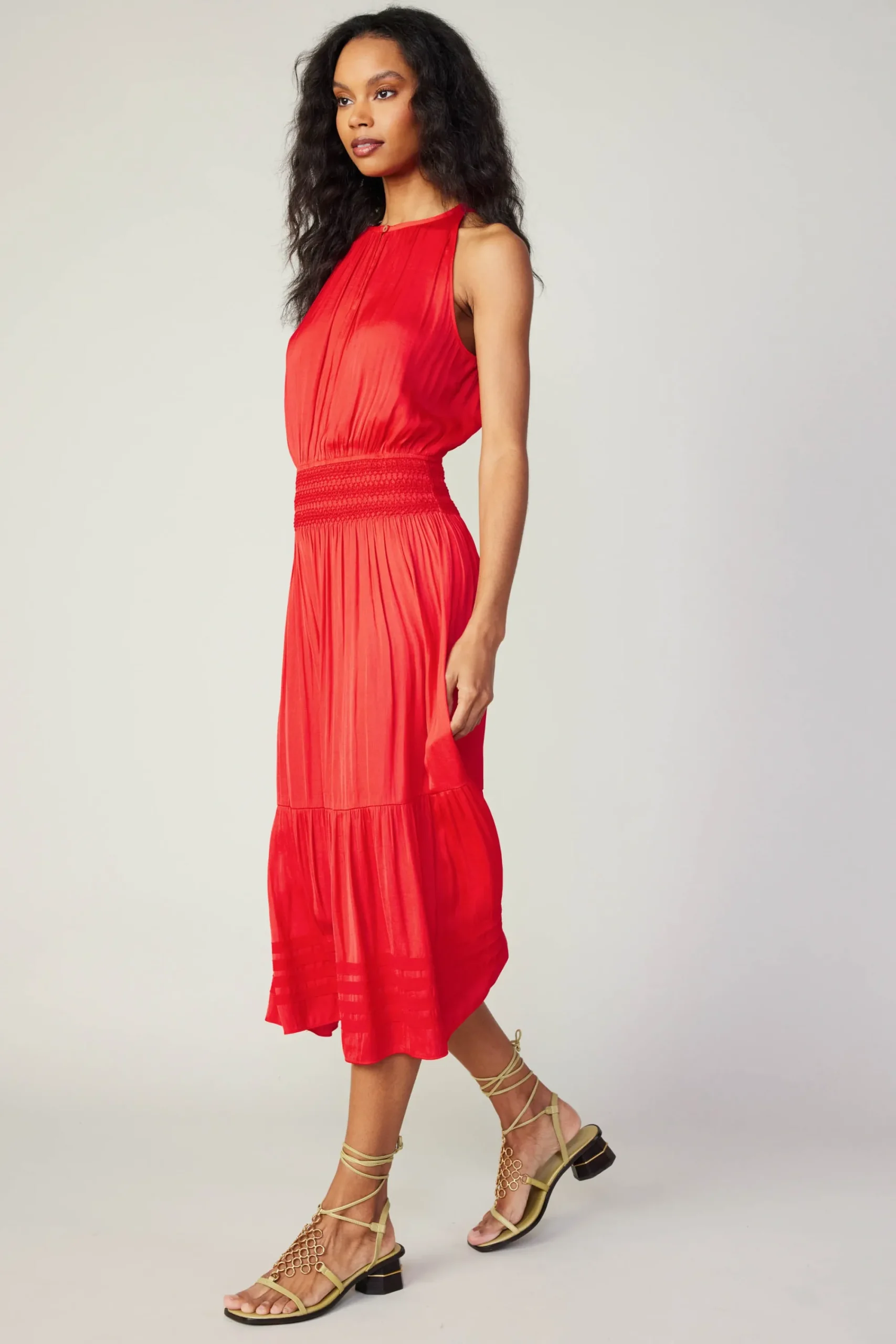 Current Air Midi Dresses-Halter Smocked Midi Dress RED