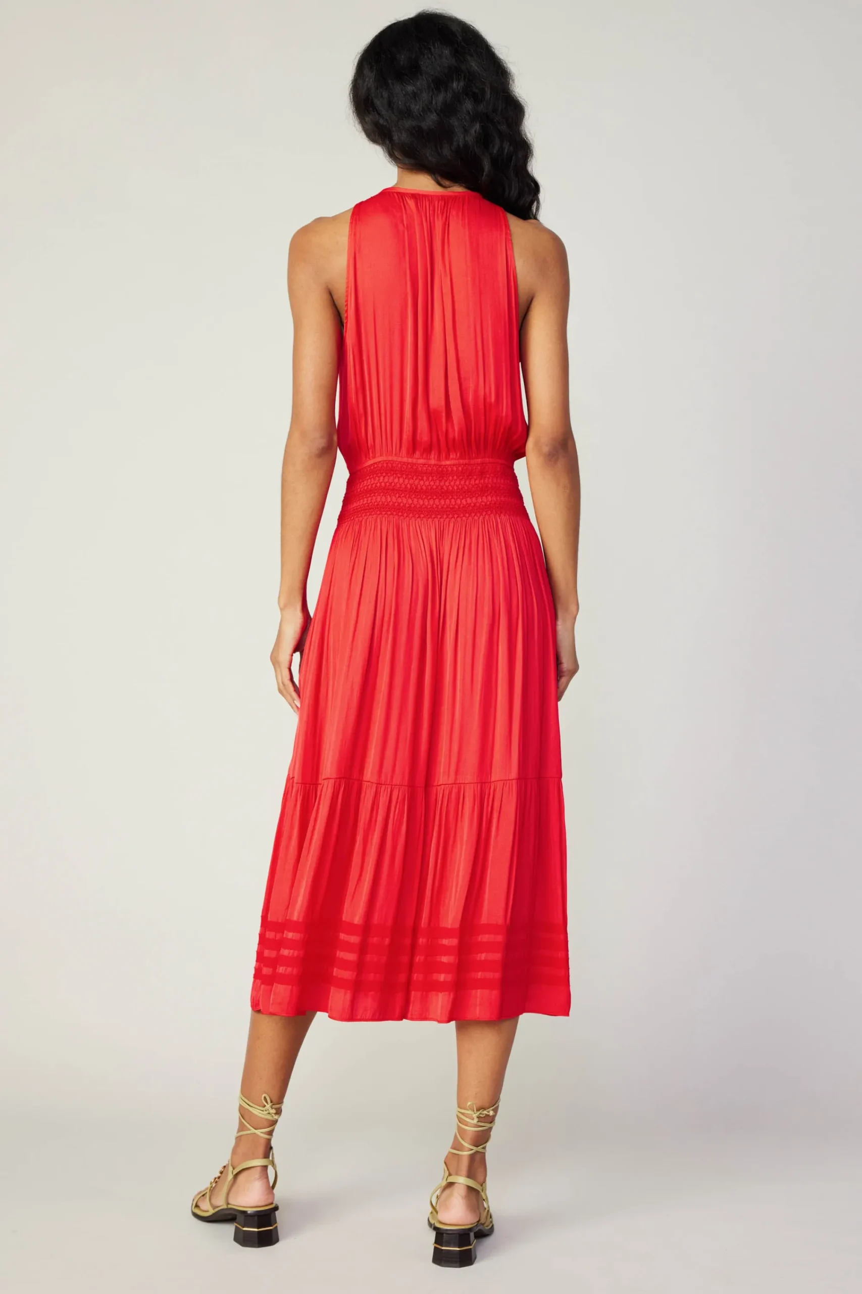 Current Air Midi Dresses-Halter Smocked Midi Dress RED