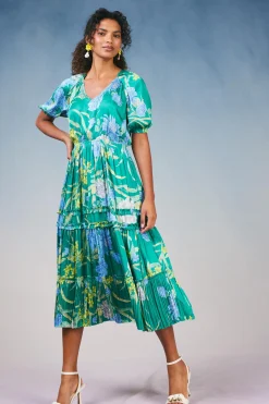 Current Air Midi Dresses-Hana Botanical Midi Dress GREENFLORAL
