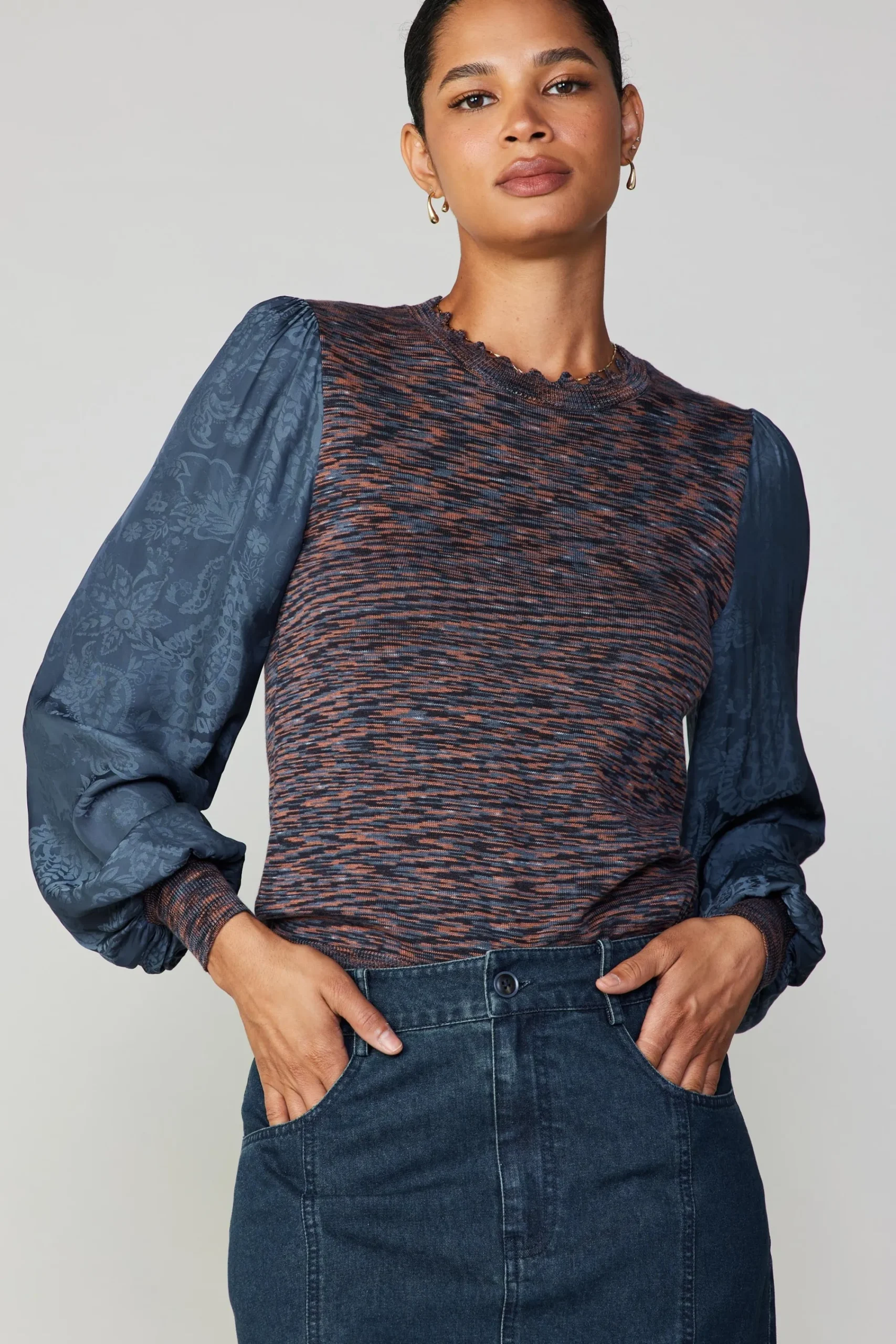 Current Air Long Sleeve Tops | Sweaters-Heather Contrast Sweater Top NAVY