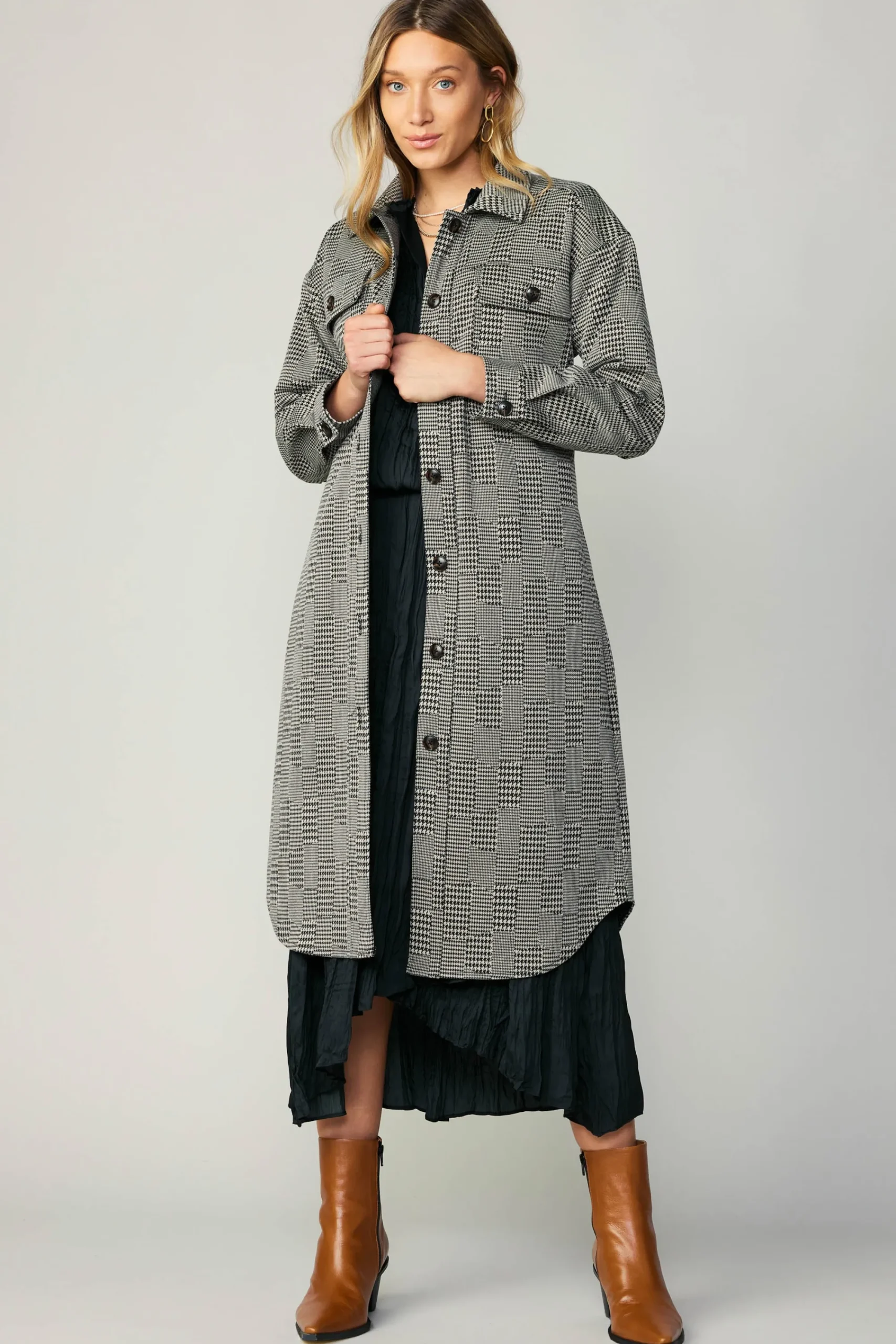 Current Air Coats & Jackets-Houndstooth Long Shacket Coat Grey