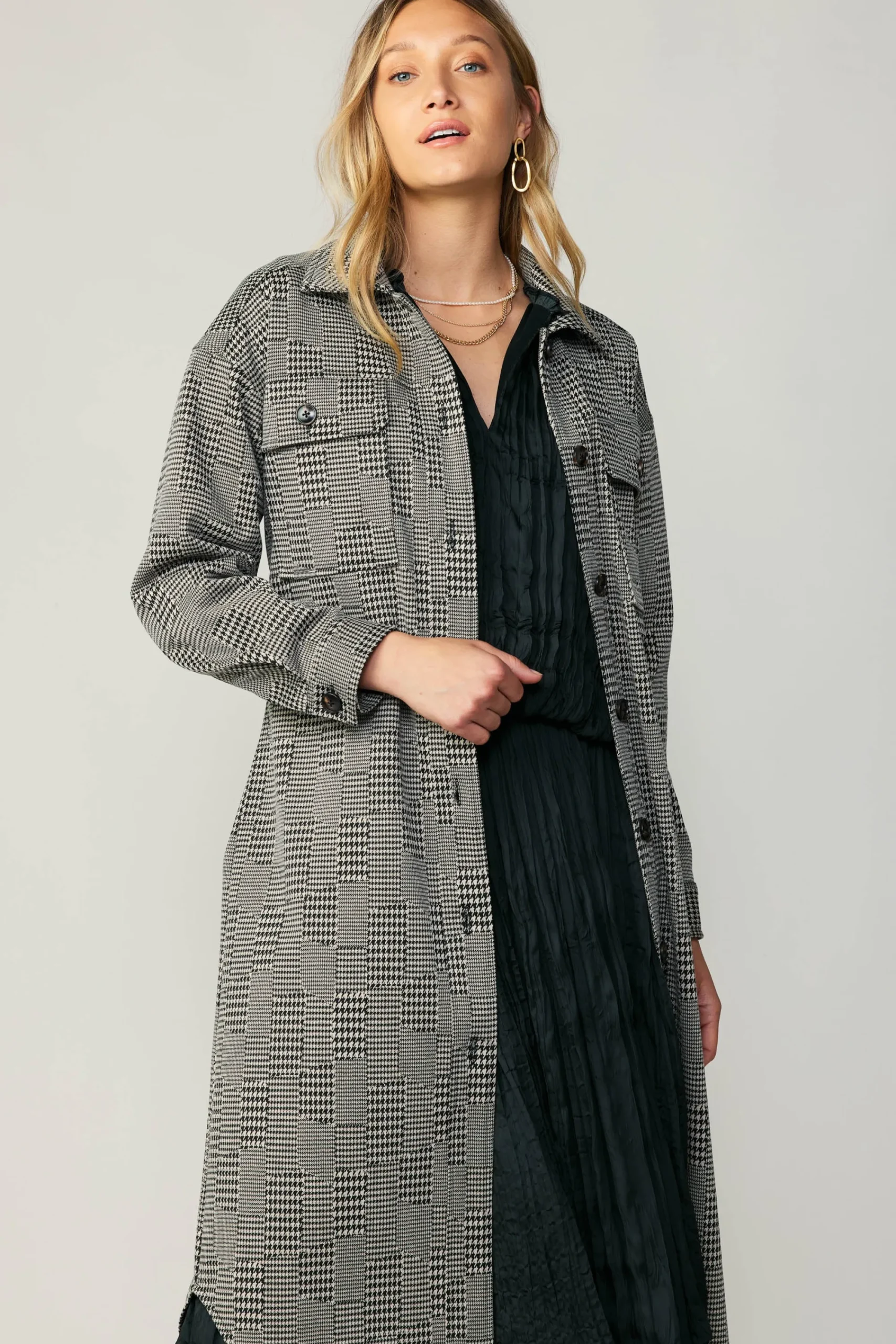 Current Air Coats & Jackets-Houndstooth Long Shacket Coat Grey