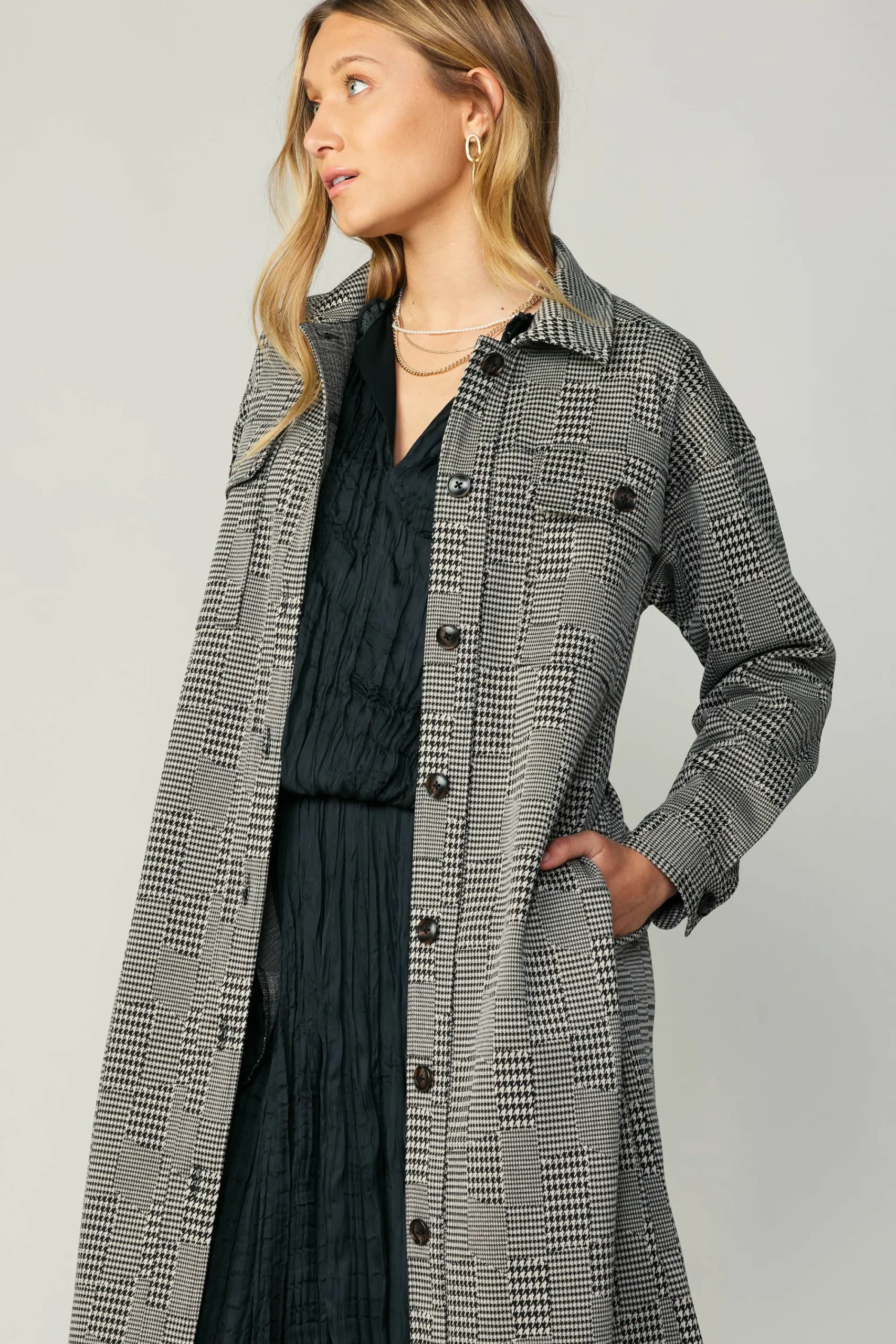 Current Air Coats & Jackets-Houndstooth Long Shacket Coat Grey