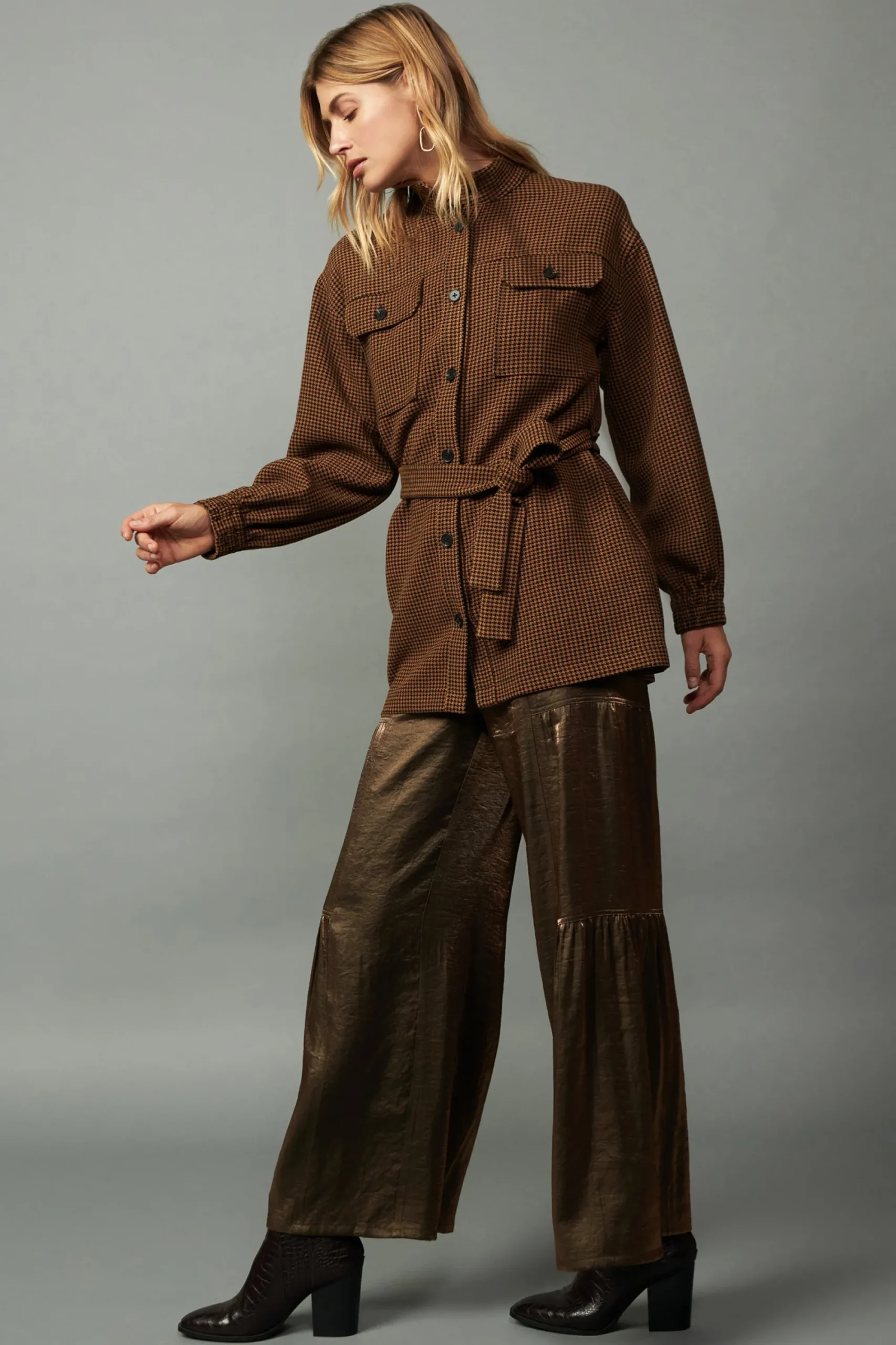 Current Air Coats & Jackets-Houndstooth Oversized Jacket TOFFEE