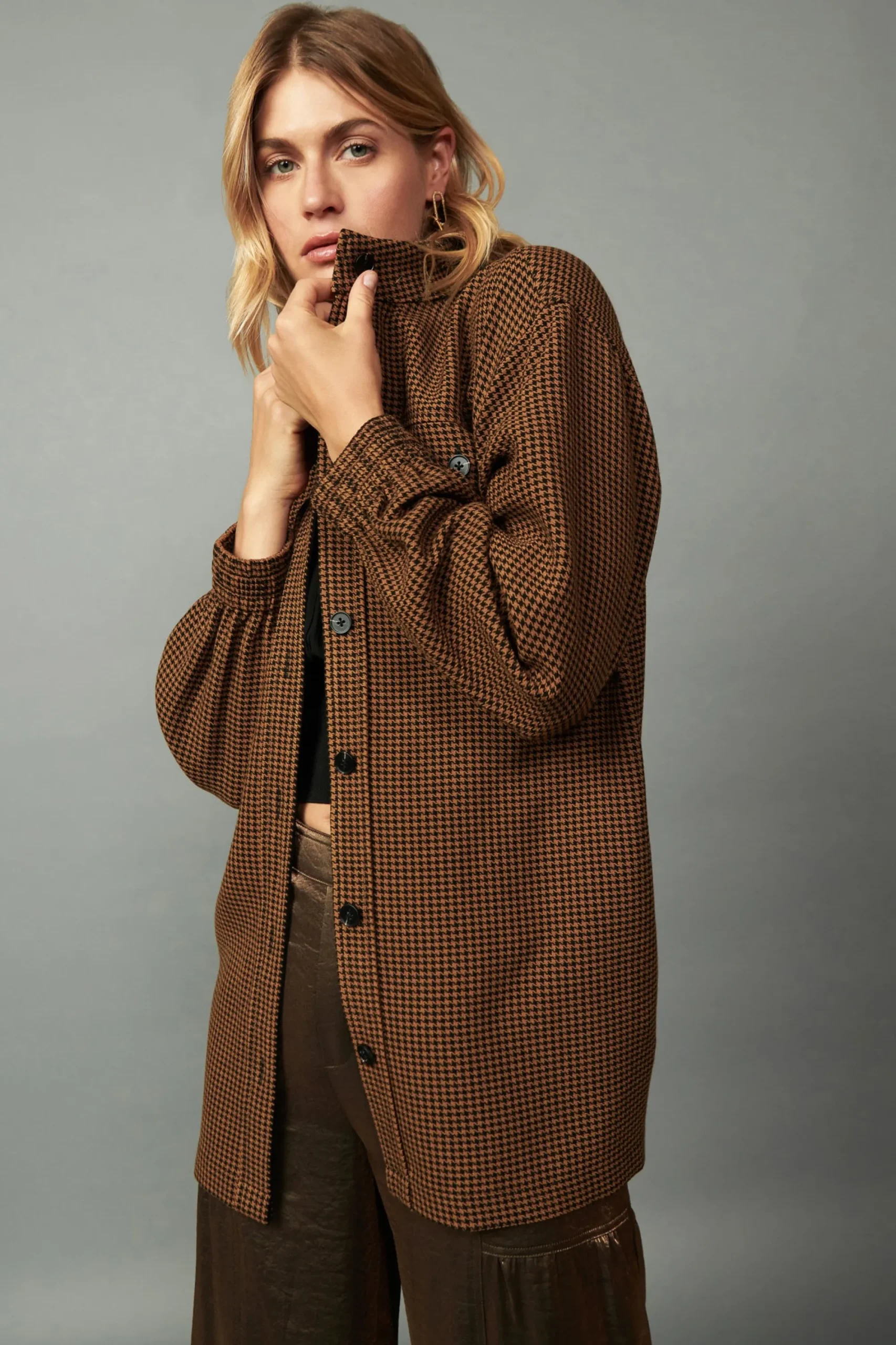 Current Air Coats & Jackets-Houndstooth Oversized Jacket TOFFEE