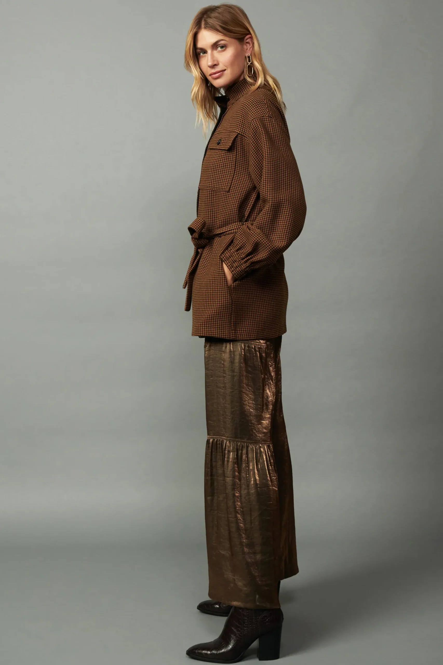 Current Air Coats & Jackets-Houndstooth Oversized Jacket TOFFEE