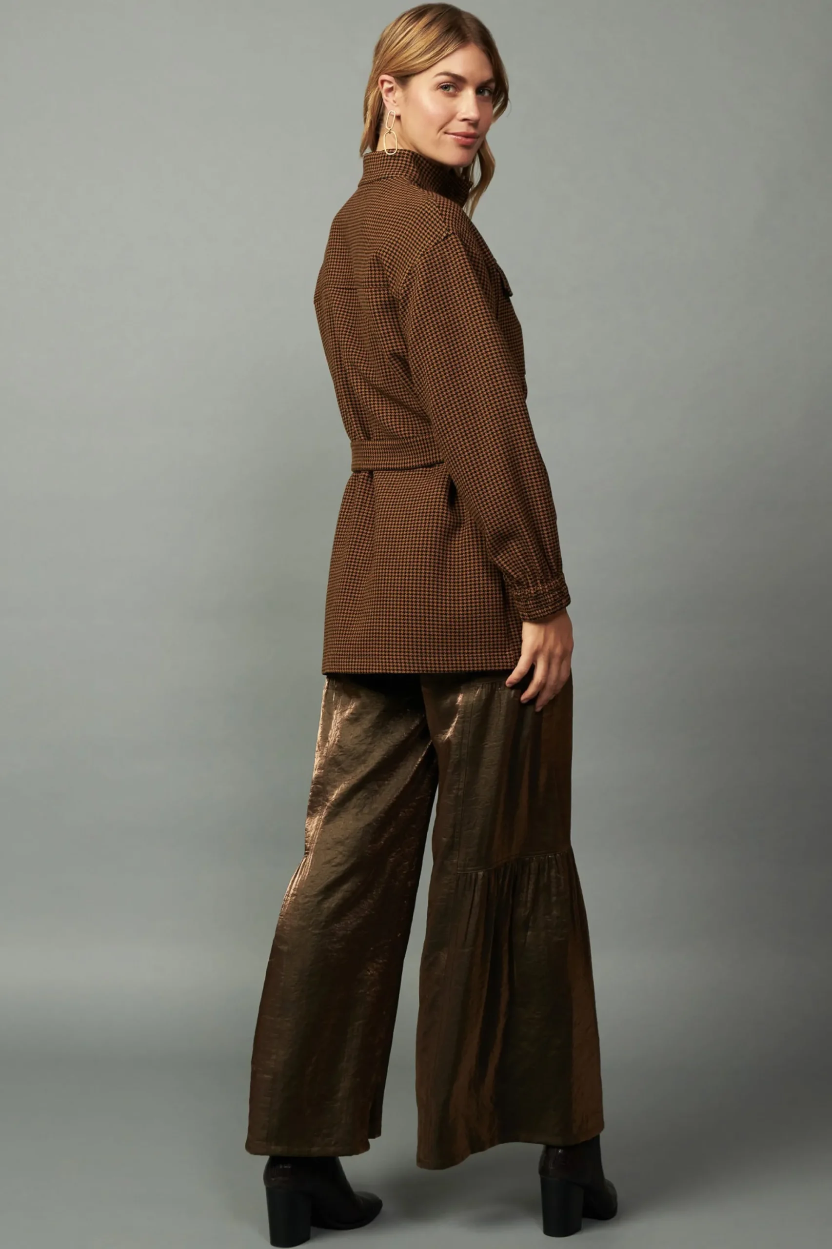 Current Air Coats & Jackets-Houndstooth Oversized Jacket TOFFEE