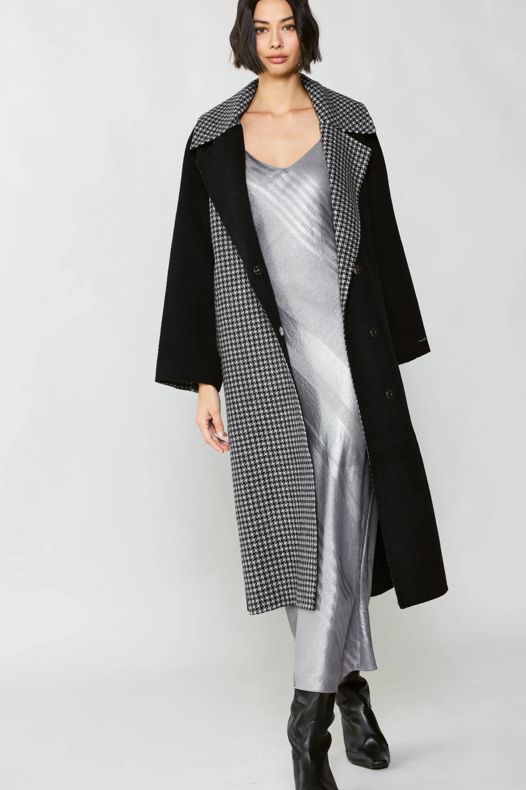 Current Air Coats & Jackets-Houndstooth Oversized Wool Coat BLACK-HOUNDSTOOTH