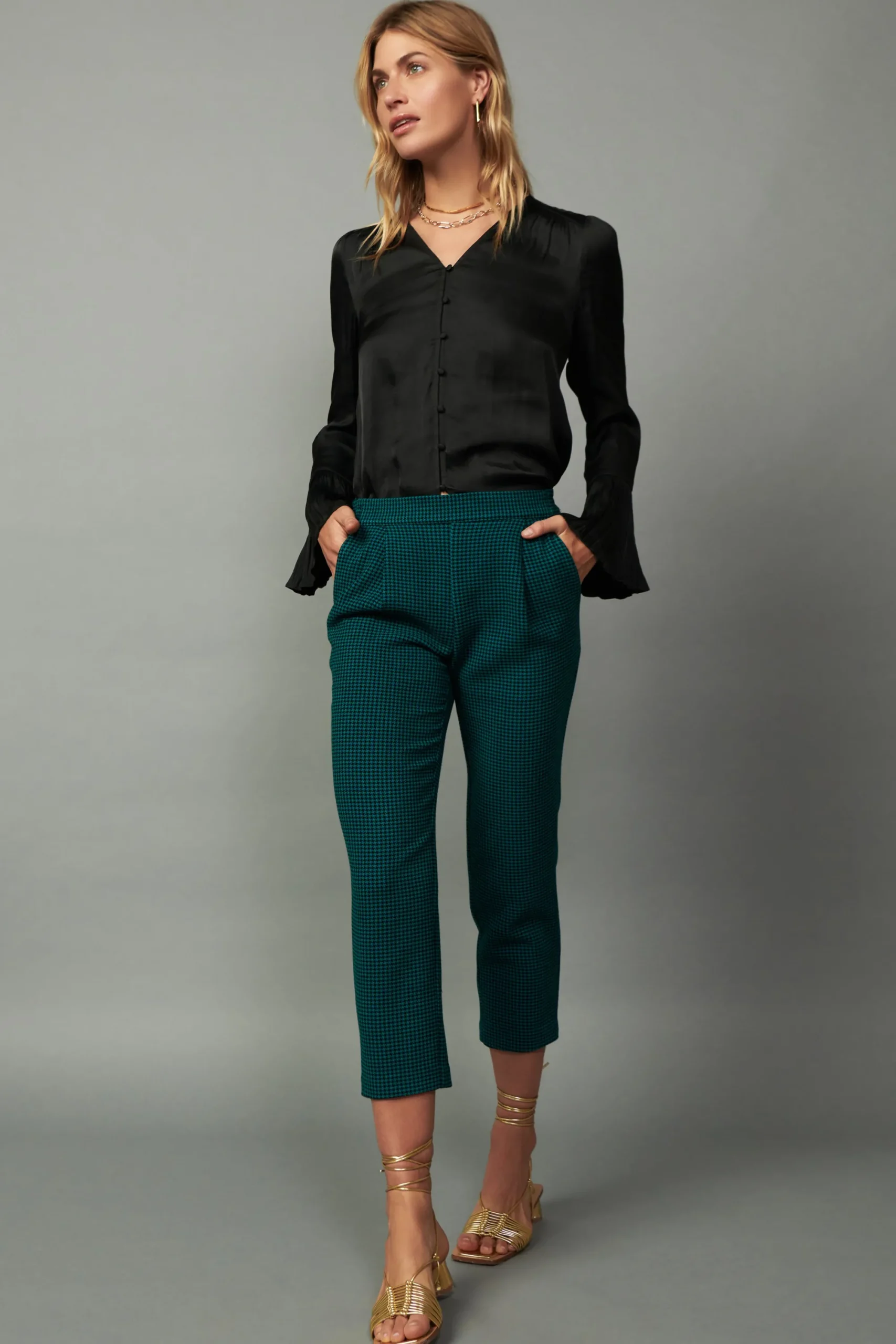 Current Air Pants-Houndstooth Patterned Straight Pants DARKTEAL