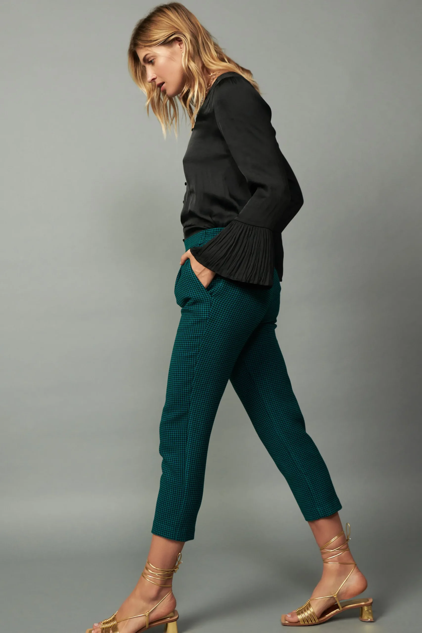 Current Air Pants-Houndstooth Patterned Straight Pants DARKTEAL