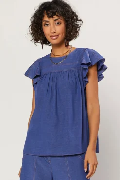 Current Air Short Sleeve Tops-Indigo Ruffled Sleeve Top DENIMBLUE