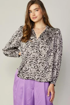 Current Air Long Sleeve Tops-Jacquard Paisley Blouse BLACK