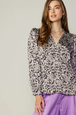Current Air Long Sleeve Tops-Jacquard Paisley Blouse BLACK