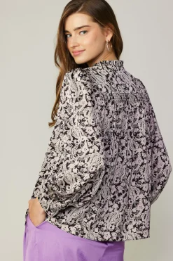 Current Air Long Sleeve Tops-Jacquard Paisley Blouse BLACK