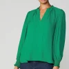 Current Air Long Sleeve Tops-Jacquard Ruffled Neck Blouse GREEN