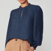 Current Air Long Sleeve Tops-Jacquard Ruffled Neck Blouse NAVY