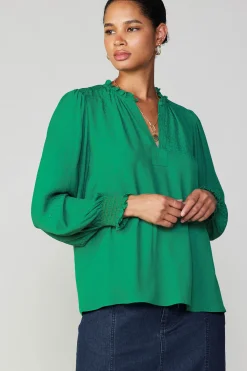 Current Air Long Sleeve Tops-Jacquard Ruffled Neck Blouse GREEN